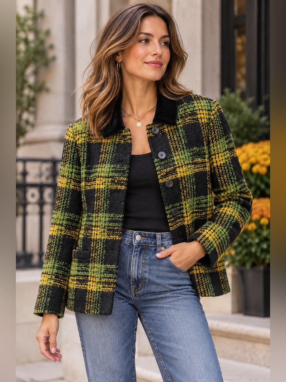 Vintage Jones New York Wool Plaid Jacket 10 Velvet Collar Green Yellow Academia